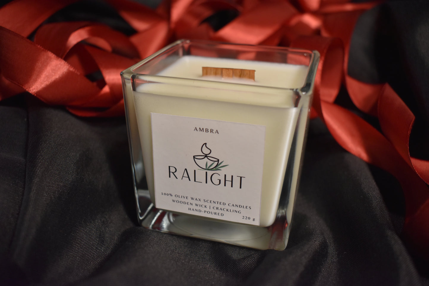Ralight scented candle wood wick olive wax AMBRA